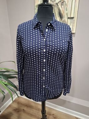 Kim Rogers Navy and White Polka Dot Button-Down Blouse